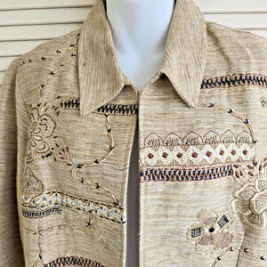 Coldwater Creek Women's Linen Blend Open Front Jacket Size L Highly Embellished